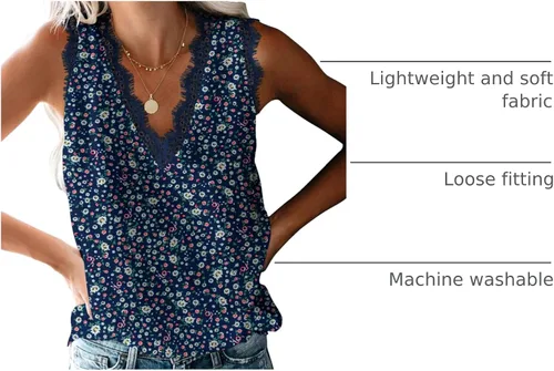 Miniatura 216 de VIISHOW - Camiseta sin mangas, sexy, con cuello en V y bordes de encaje para mujer, camisola de vestir, camisas de gasa, sin mangas, casuales