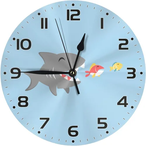 Reloj de pared para niños con diseño de tiburón de dibujos animados, 10 pulgadas, silencioso, sin tictac, fácil de leer, reloj de pared para niños y