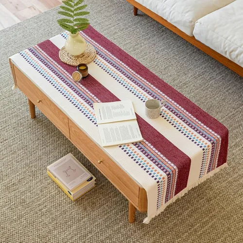 Miniatura 9 de Camino de mesa auxiliar de algodón pesado, funda rectangular grande con ribete de encaje, mantel central tejido a mano para sala de estar