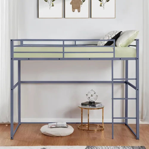 Miniatura 8 de Cama alta de metal tamaño matrimonial con barandillas de seguridad y escalera para adultos, niños, adolescentes, diseño duradero, ahorro de espacio