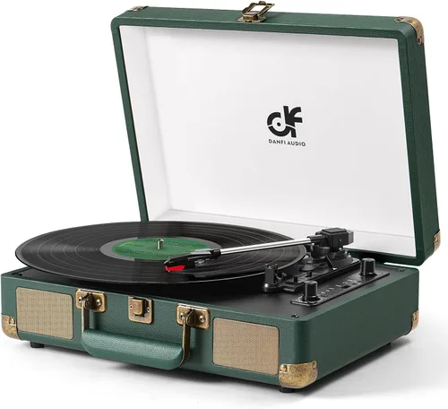 Tocadiscos de maleta vintage verde oscuro de 3 velocidades con altavoces estéreo incorporados, grabación USB Bluetooth y reproductor LP de parada
