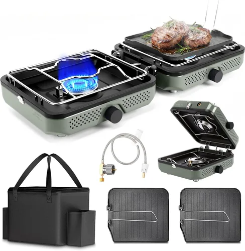 Miniatura 10 de Hisencn Estufa de campamento, estufa de campamento de propano de 2 quemadores, plancha dual, estufa de propano portátil de 30,000 BTU con bolsa