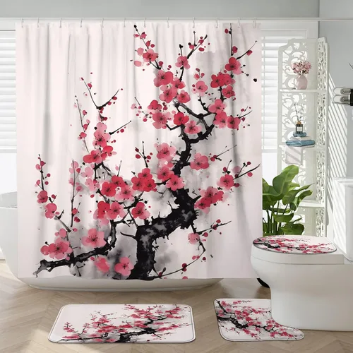 Miniatura 22 de Cortina de ducha japonesa Fuji Mountain de cerezo asiático, cortina de ducha con diseño de anime, decoración de baño, tela de poliéster, 62 x 72 Azul