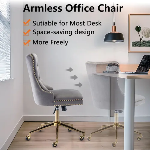 Miniatura 5 de Silla de oficina sin brazos, silla de tocador con respaldo y ruedas, cómoda silla de oficina en terciopelo, sillas de escritorio de oficina en casa