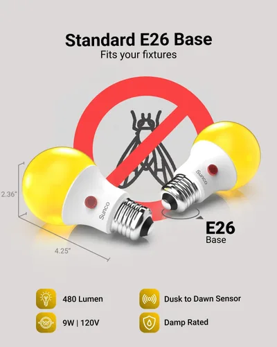 Miniatura 4 de Sunco - Paquete de 6 bombillas amarillas para exteriores A19, luces LED de insectos para exteriores del anochecer al amanecer, 480 LM, 9W, 2000K