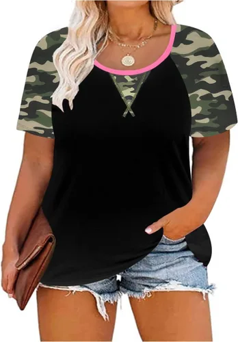 CARCOS - Camisetas de talla grande para mujer, manga corta, raglán, a rayas, bloque de color, cuello redondocuello en V, túnica de ajuste holgado,