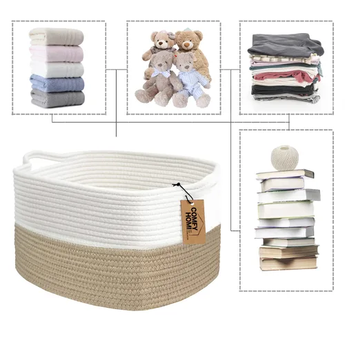 Miniatura 7 de COMFY-HOMI Cesta tejida de cuerda de algodón con asas para estantes, juguetes, libros, cestas de almacenamiento de tela para organizar, organizador