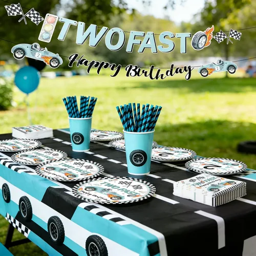 Miniatura 5 de Decoración de fiesta de 2º cumpleaños de coche de carreras para niños, dos platos y servilletas de papel desechable, dos rápidos, dos, curiosos, 2