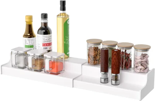 Sezanrpt Organizador expandible de 2 niveles, estante de exhibición de encimera de cocina blanco, organizador de condimentos para gabinete,