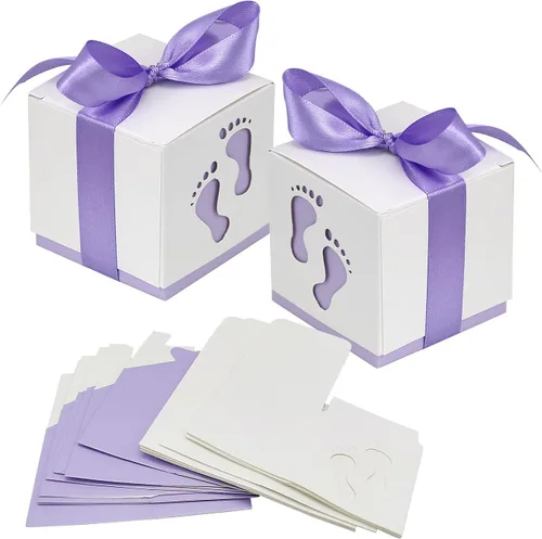 Miniatura 8 de 50 cajas de recuerdo de fiesta de baby shower, 2.4 x 2.4 pulgadas, pequeñas cajas de regalo de dulces, diseño de huellas para niños, cumpleaños, Azul