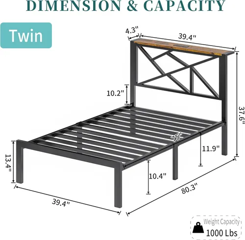 Miniatura 2 de ChicZhiNest Armazón de cama de metal negro tamaño twin con estación de carga USB, iluminación ambiental LED y cabecera de almacenamiento de madera