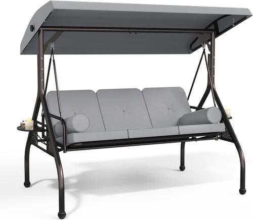 Miniatura 8 de Betterland Silla de columpio de 3 asientos para patio, columpio de porche al aire libre con cojines, almohadas y portavasos, columpio exterior Azul