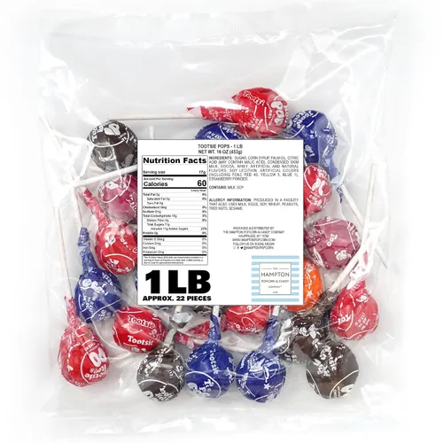 Miniatura 2 de Piruletas clásicas con centro de chocolate, bolsa a granel de 1 lb (aprox. 22 unidades), sabores de frutas surtidos originales, The Hampton Popcorn