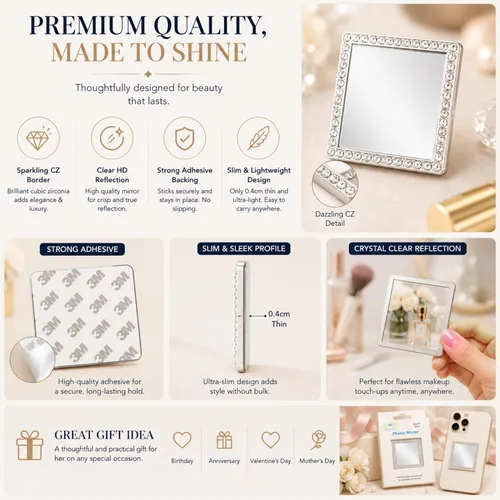 Miniatura 6 de Wireless City Espejo cuadrado para teléfono, espejo de maquillaje con diamantes dorados con circonita cúbica, adhesivo de espejo de 2.0 in