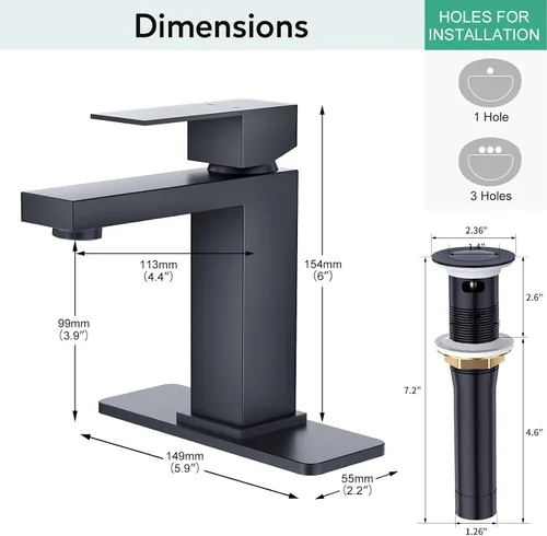 Miniatura 7 de Faustina Grifo de Baño Negro de 1 Agujero, Grifo de Baño de Una Sola Manija de Un Agujero con Ensamblaje de Drenaje Pop Up, Grifo de Tocador