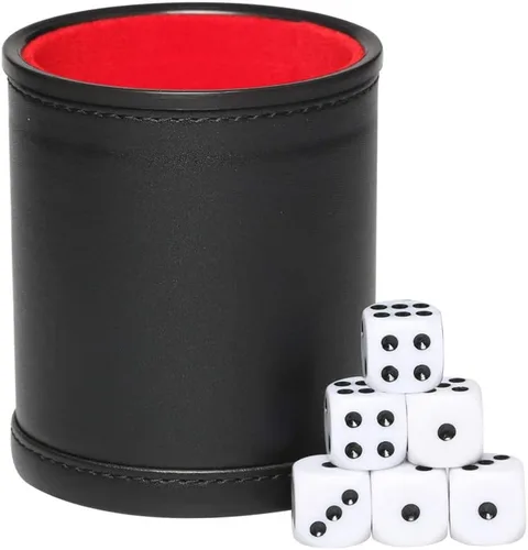 Miniatura 14 de Juego de tazas de dados de piel sintética y forro de fieltro, agitación silenciosa para juegos de dados Yahtzee Farkle Liars, incluye seis dados