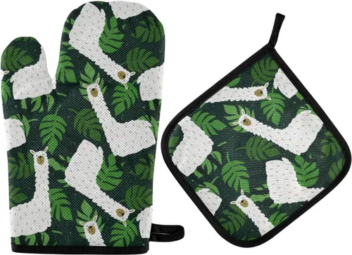 ZZXXB Juego de 2 manoplas de horno y soportes para ollas de alpaca con hojas de palmera, resistentes al calor, antideslizantes, para cocinar,