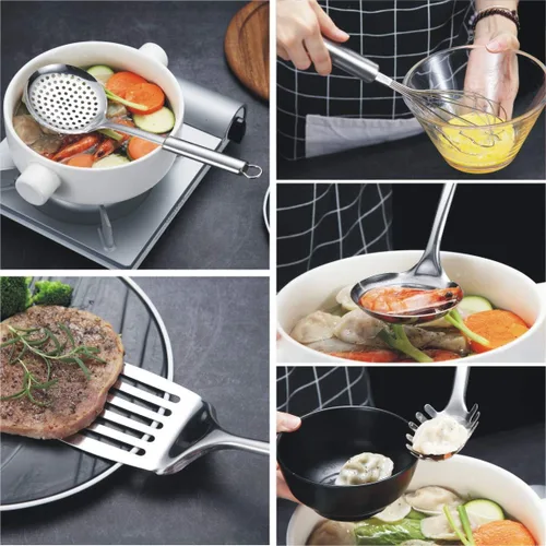 Miniatura 5 de Berglander Juego de utensilios de cocina de acero inoxidable de 13 piezas con soporte, incluye cuchara de cocina, espátula, batidor, pinza de B. 13