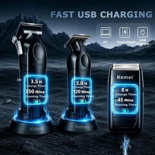 Miniatura 5 de KEMEI Professional Hair Clippers and Trimmer for Men, Cordless Barber Clippers for Hair Cutting with Charging Bases, Foil Shavers for Men with