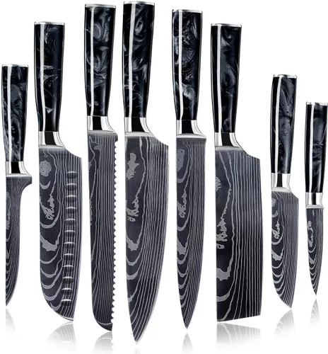 Miniatura 9 de Juego de 8 cuchillos japoneses SENKEN con mango de resina púrpura y patrón láser damasceno - Colección Amatista - Cuchillo de chef, cuchillo
