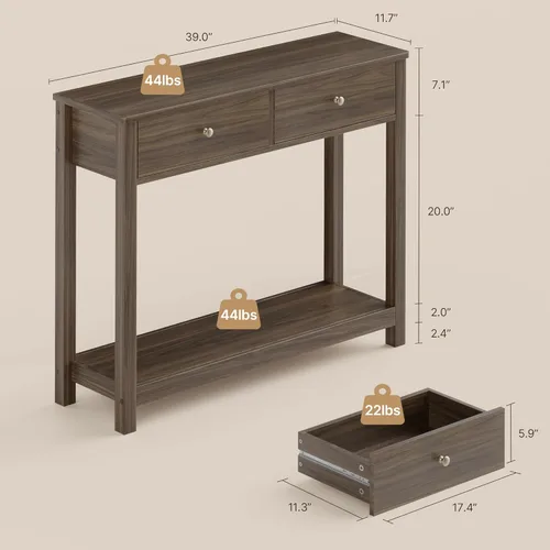 Miniatura 2 de Gizoon - Mesa de consola con 2 cajones, mesa de entrada de 2 niveles de madera con estantes de almacenamiento, mesa de sofá de 39" de ancho