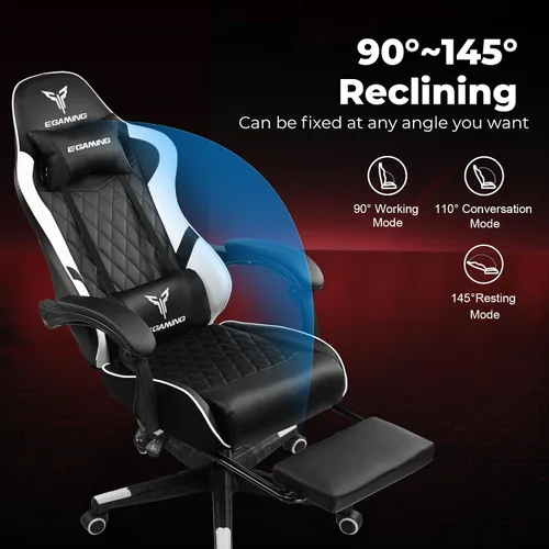 Miniatura 3 de EXRACING Silla ergonómica para videojuegos, silla de computadora con reposapiés y soporte lumbar, silla de oficina de cuero con respaldo alto blanco