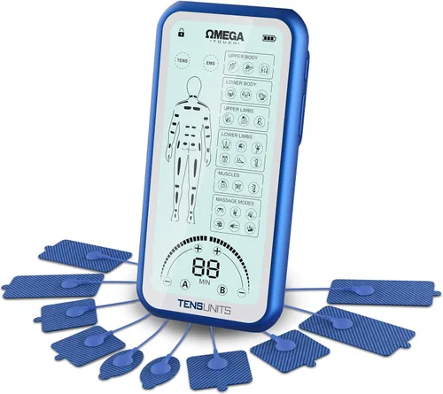 Unidad Táctil Omega TENS - Unidad de estimulador muscular con pantalla táctil, 24 modos para aliviar el dolor y los músculos, masajeador de pulso