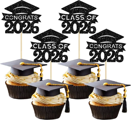 Miniatura 9 de 24 piezas 2026 decoraciones para cupcakes de graduación 2026 con purpurina clase de 2026 para graduación de graduación para felicitaciones 2026