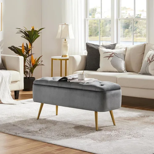 Miniatura 4 de Topeakmart Moderno reposapiés otomano con banco de almacenamiento, bancos tapizados para dormitorio, reposapiés, banco de mesa con botones para sala