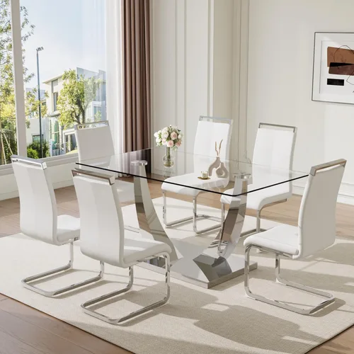 Miniatura 35 de Juego de mesa de comedor de 63 pulgadas para 4, juego de mesa de comedor dorado moderno para 4, juego de mesa de cocina de mármol sintético con negro
