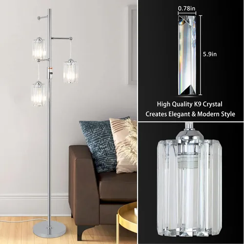 Miniatura 7 de Lámpara de pie moderna de cristal para sala de estar, lámpara de pie regulable de 3 luces, lámpara de árbol industrial plateada con pantalla