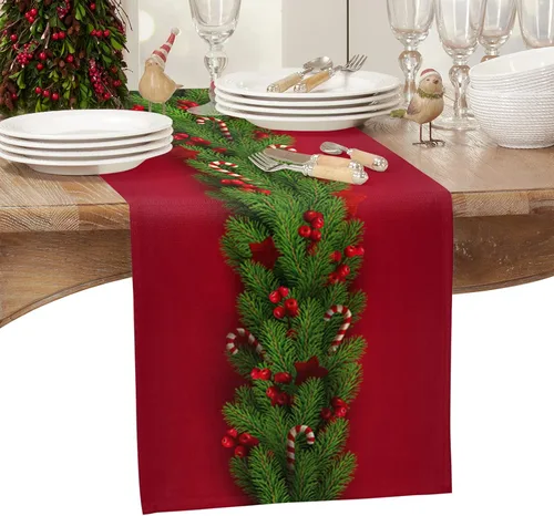 Miniatura 2 de Camino de mesa de Navidad de 70 pulgadas de largo, paños de mesa de árboles de Navidad rojos de algodón y lino para aparadores, bufandas de mesa