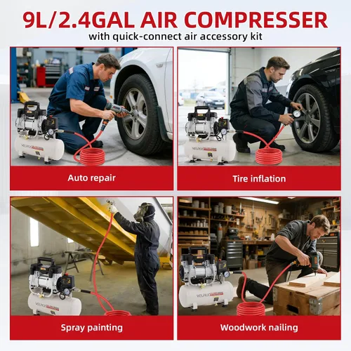 Miniatura 7 de Compresor de aire ultra silencioso, solo 60dB, tanque de 2.4 galones, sin aceite, 110V/60Hz 1.5HP, 6.71CFM a 115PSI, compresor de aire perfecto
