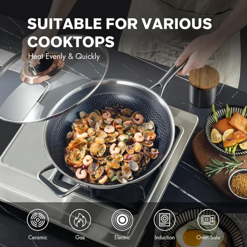 Miniatura 4 de Wok híbrido de 12 pulgadas con tapa, woks antiadherentes de acero inoxidable y sartenes para freír, sartén wok, PFAS PFOA sin PTFE, apto