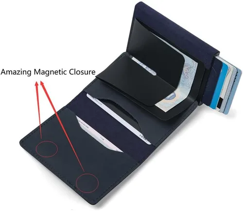 Miniatura 4 de Cartera delgada para Air Tag Cartera de cuero genuino RFID para tarjetas de crédito y dinero, mini cartera de aluminio desplegable automática
