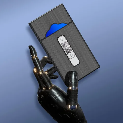 Miniatura 6 de Caja de cigarrillos de aluminio con encendedor eléctrico, encendedor USB recargable, regalo para mujeres, hombres, padre, madre (negro)
