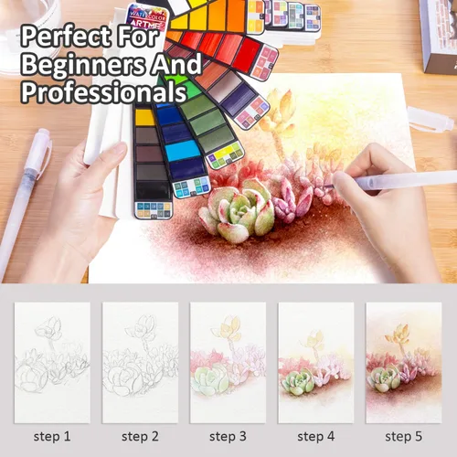 Miniatura 6 de Juego de pintura de acuarela, 42 colores surtidos con 3 pinceles, juego de bocetos de campo de acuarela plegable perfecto para pintura al aire libre