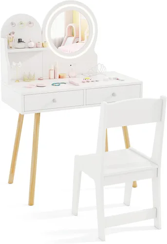 Miniatura 10 de HONEY JOY Juego de tocador para niños, juego de tocador para niñas con espejo y taburete y luces, cajones y estantes de almacenamiento, mesa