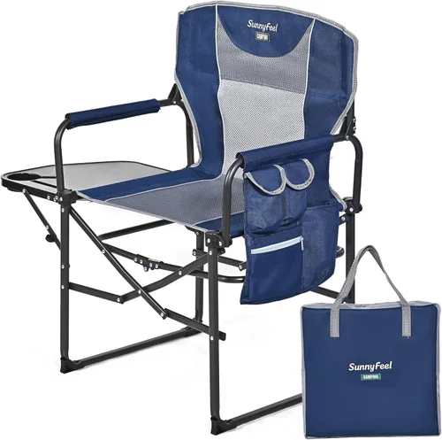 Miniatura 4 de SUNNYFEEL Silla de camping para directores, silla plegable portátil de gran tamaño con mesa lateral, bolsillo para playa, pesca, viaje, picnic, Azul