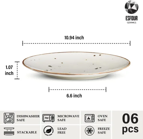 Miniatura 2 de Esfour Ceramics Juego de 6 platos llanos de 11 pulgadas, aptos para microondas, horno, lavavajillas, resistentes a los arañazos, platos duraderos