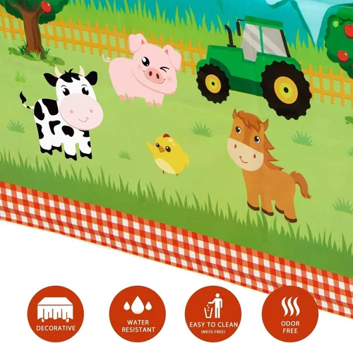 Miniatura 4 de WERNNSAI 2 manteles de granja – Decoración de cumpleaños de animales de granja, mantel de fiesta de animales, decoración de cumpleaños para niños