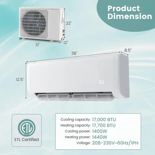Miniatura 8 de RELAX4LIFE Mini sistema de aire acondicionado dividido/calefacción, 18000 BTU sin conductos mini aire acondicionado dividido con bomba de calor