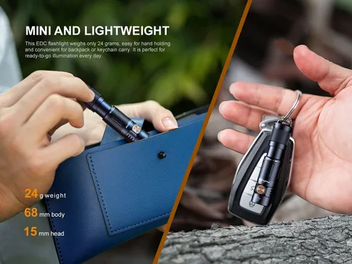 Miniatura 5 de EdisonBright Fenix E05R 400 Lumen USB Recargable EDC Llavero Linterna Cable de carga Estuche de transporte (negro)