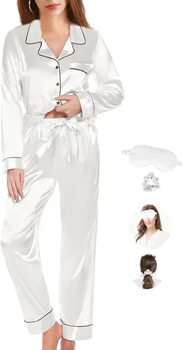 Miniatura 3 de Conjunto de pijama para mujer, pijama de satén de seda, pijama largo de 2 piezas, con botones, conjunto de pijama para descansar