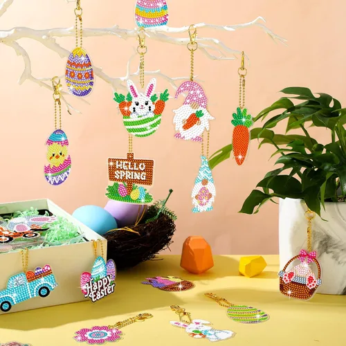 Miniatura 6 de Panelee 48 piezas de llavero de arte de diamante de Pascua, kits de arte de diamantes para colgar huevos de Pascua, adornos para niños