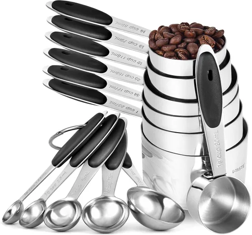 U-Taste - Juego de tazas y cucharas medidoras: U-Taste 18/8 de acero inoxidable 18/8, 12 piezas apilables de metal, juego de medidas para cocina,