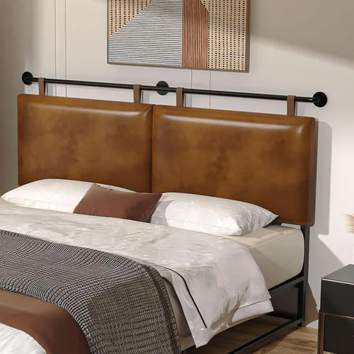 BSHOMGI Cabecera Queen, Cabeceras Colgantes con Cuero Sintético Marrón de Tubo Industrial Estilo Moderno Solo para Tablero Trasero de Cama (Cuero