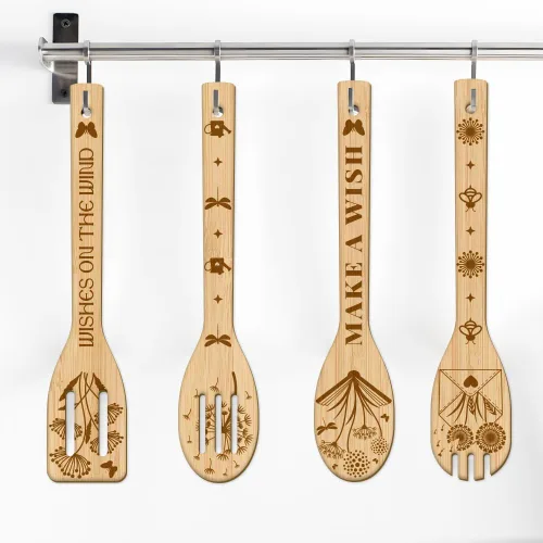 Miniatura 7 de GLOBLELAND Juego de 6 cucharas de madera de diente de león con diseño de mariposa y bambú, utensilios de cocina de madera grabada, juego
