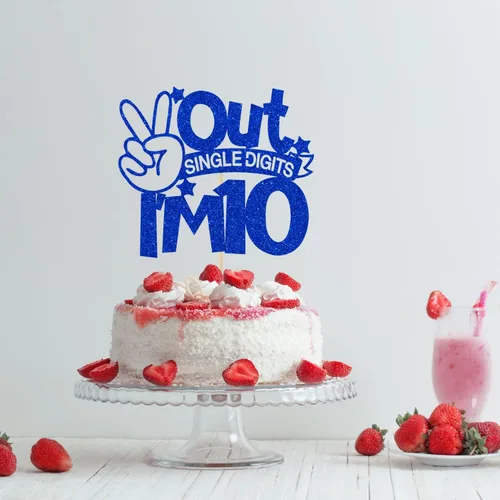 Miniatura 4 de Decoración para tartas de un solo dígito con purpurina azul, con texto en inglés "I'm 10", doble dígito 10, para niños y niñas, decoraciones