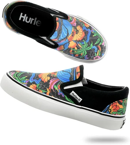 Hurley Zapatos deportivos de lona sin cordones para niños, zapatos deportivos de corte bajo para niños y niñas, tenis casuales